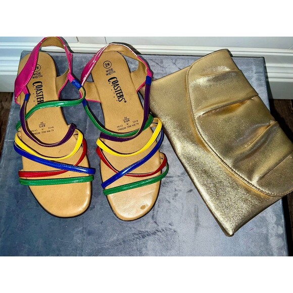 90s Rainbow sandals coasters size 9 & Vintage Gold Clutch - Picture 7 of 8